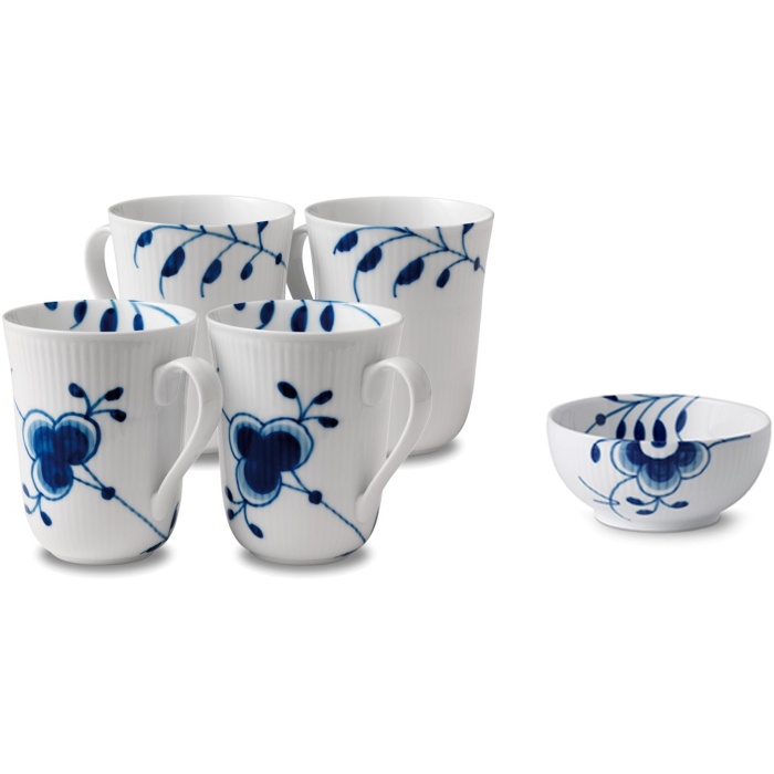 Royal Copenhagen <br>Blå Mega - 4 stk. krus + skål